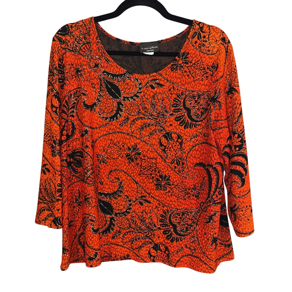 Brittany Black Womens Whimsigoth Paisley Textured Top Blouse 2X XXL Liquid Knit